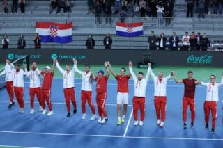 Varaždin: Davis cup, slavlje igrača hrvatske reprezentacije nakon pobjede od 4:0