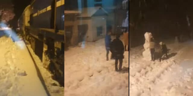 vlak zamjenski prijevoz zapeo snijeg lika