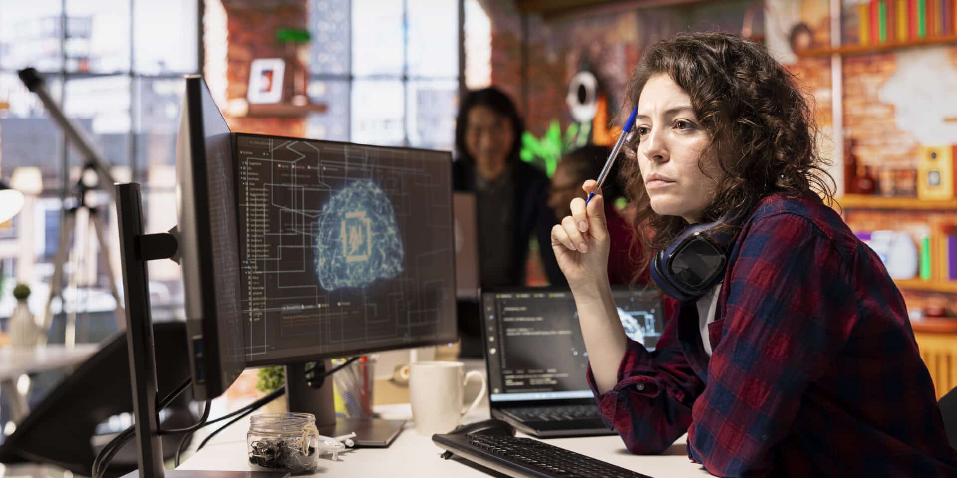 Woman working in AI tech agency providing custom software development services