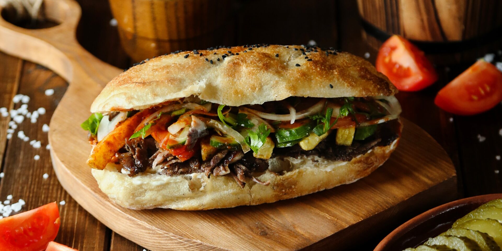 meat-doner-bread-wooden-board