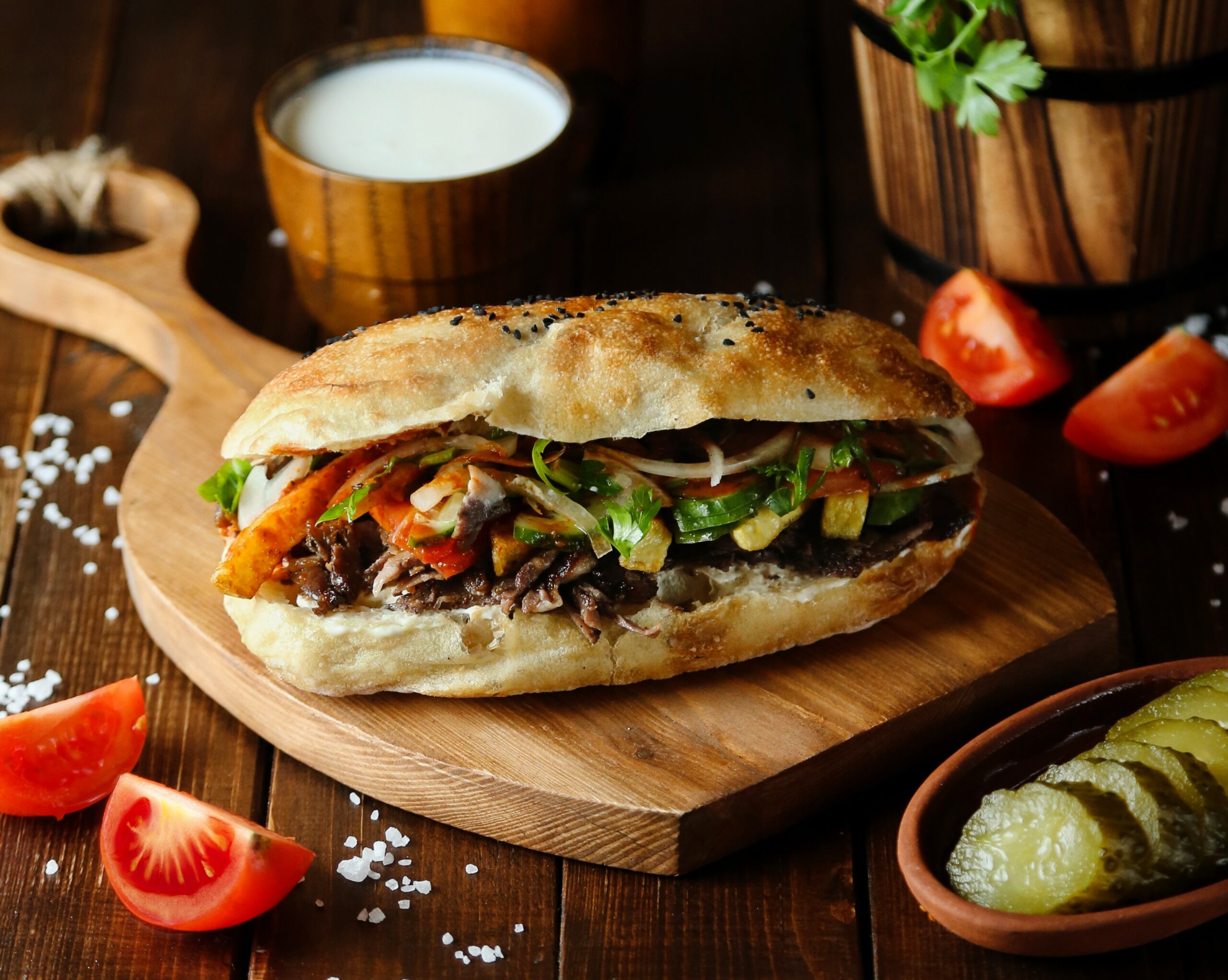 meat-doner-bread-wooden-board