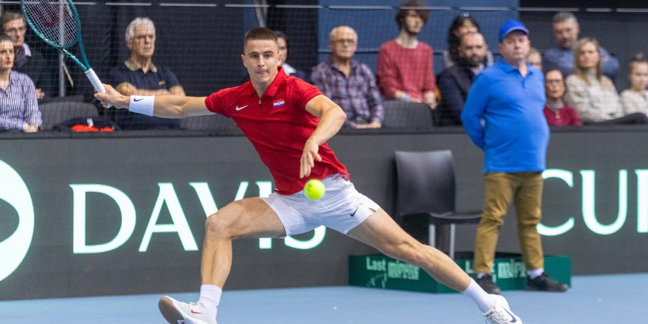 Osijek: Duje Ajduković i Lukaš Klein u prvom meču Davis Cupa između Hrvatske i Slovačke