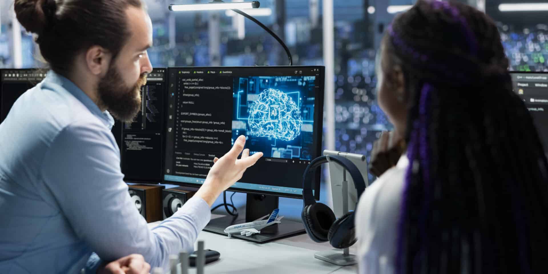 Data center programmers collaborating, working on neural networks AI databases