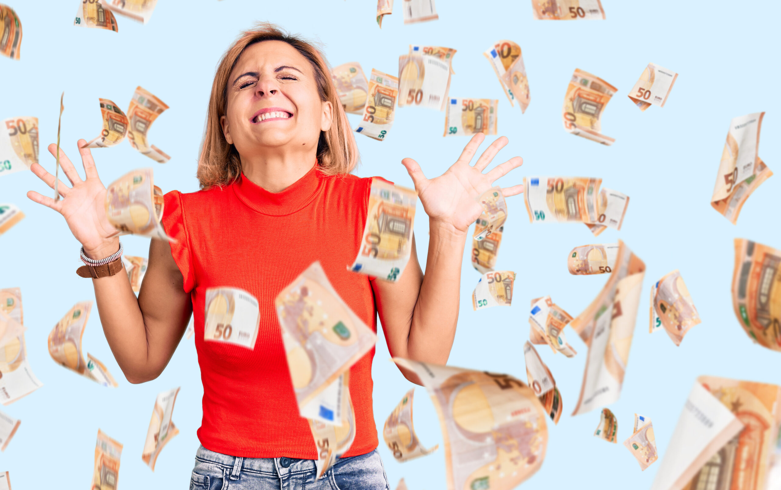 Young blonde woman wearing casual clothes celebrating mad and crazy for success with arms raised and closed eyes screaming excited. winner concept