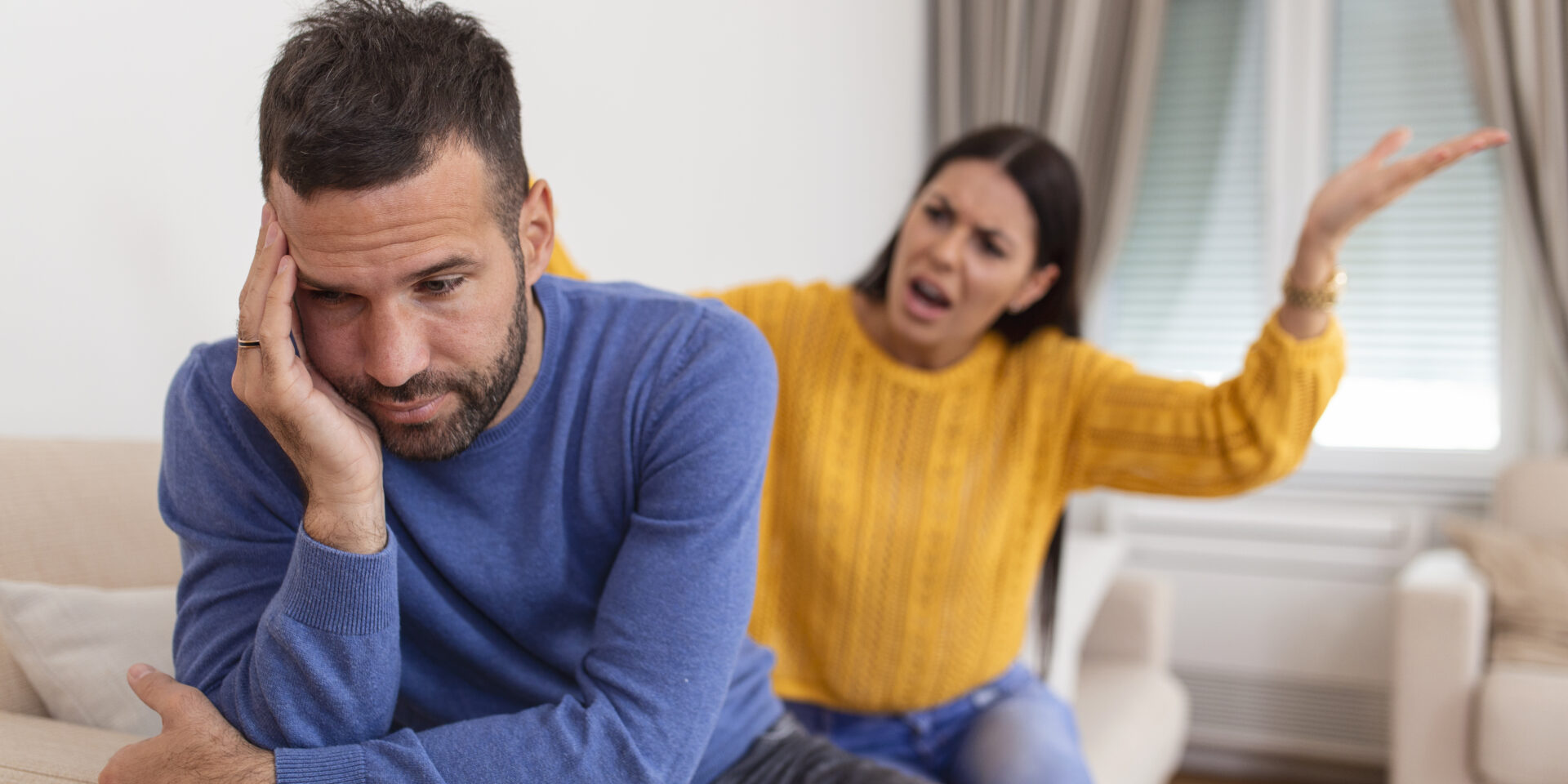 Young couple having argument – conflict, bad relationships. Angry fury woman.