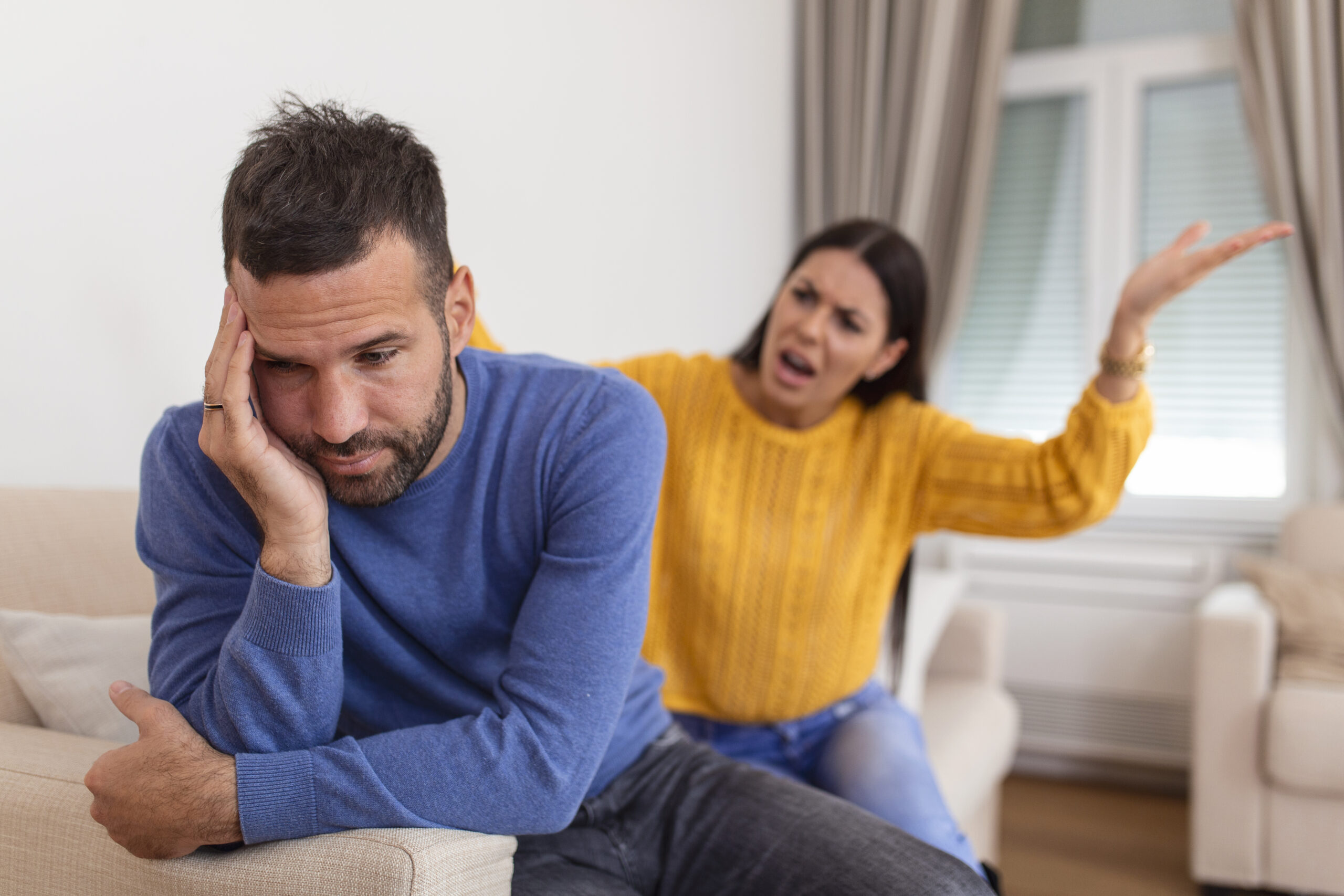 Young couple having argument – conflict, bad relationships. Angry fury woman.
